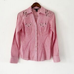 Cotton Button Poplin Collared Top Jewel Stud Gem Mixed Embellish Roll Tab Small